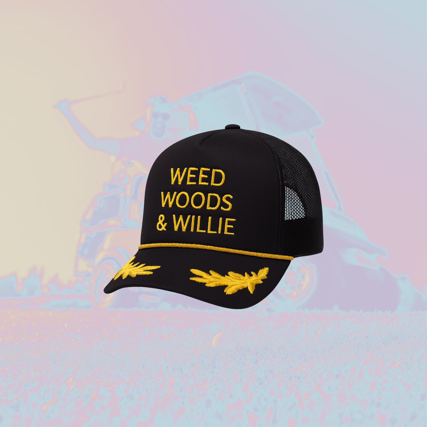Black cap with yellow text 'WEED WOODS & WILLIE' on a colorful abstract background