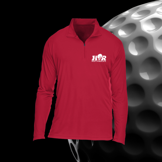 Red long-sleeve shirt with a logo on a black background