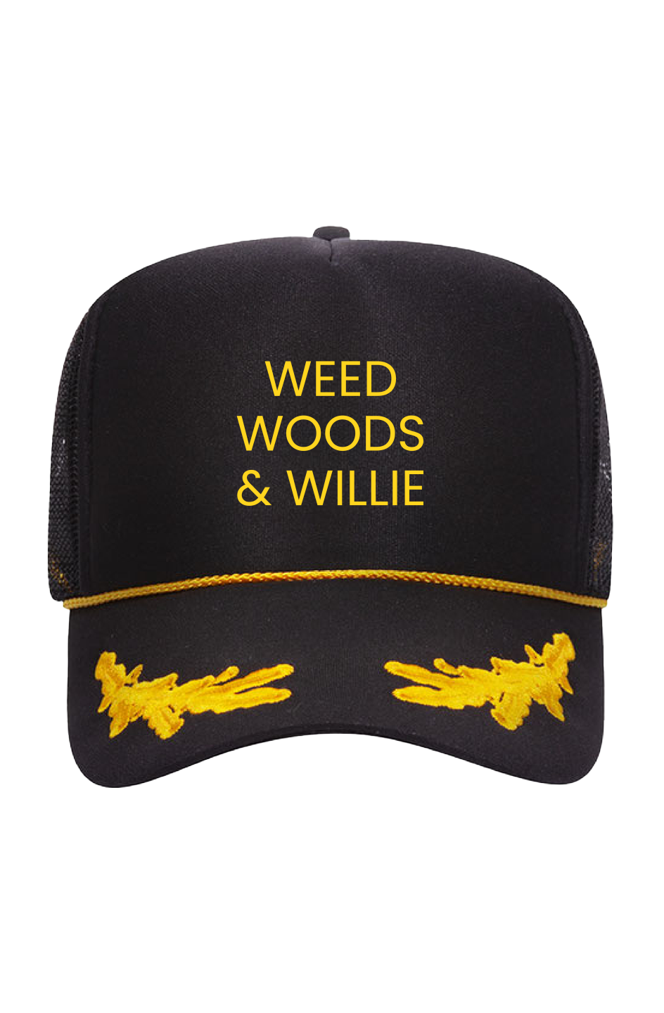 Black cap with yellow text and graphics on a white background