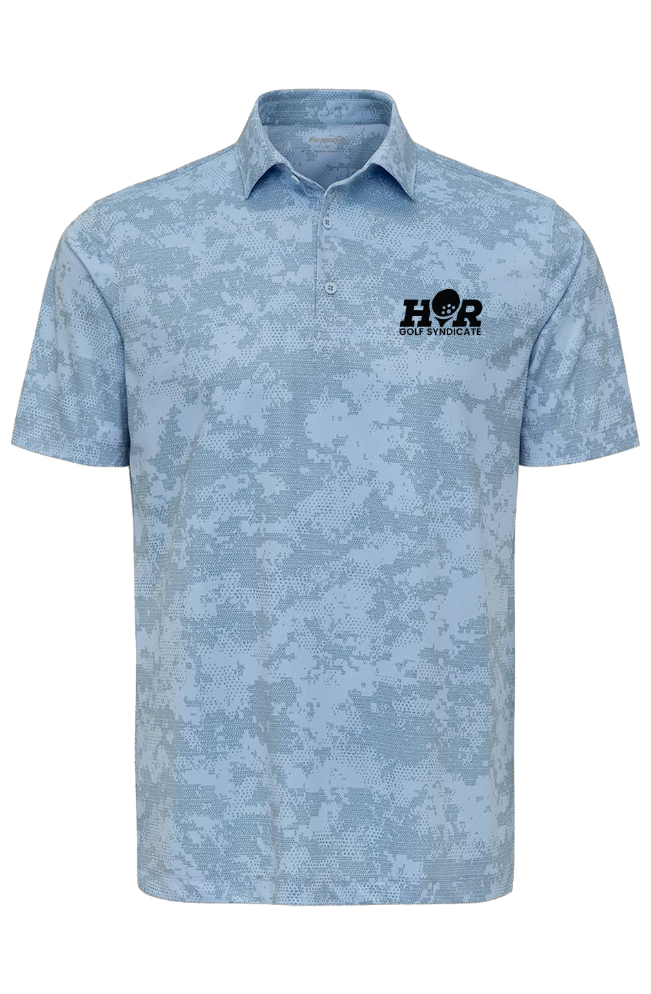 Blue patterned polo shirt with a logo on a white background-The Syndicate Polo