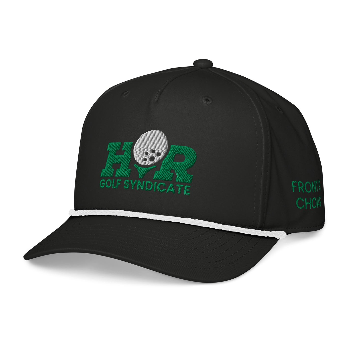 Black cap with green text and logo on a white background