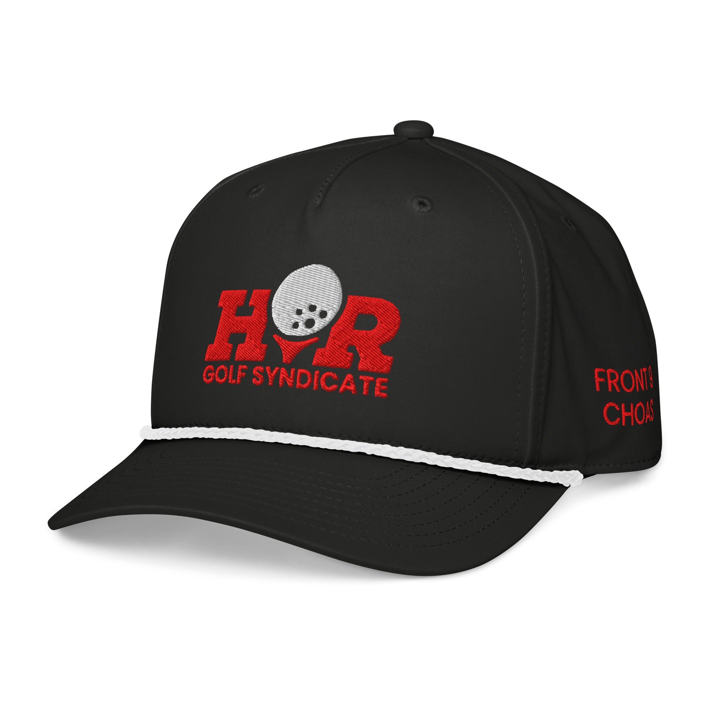 Black cap with red and white logo on a white background
