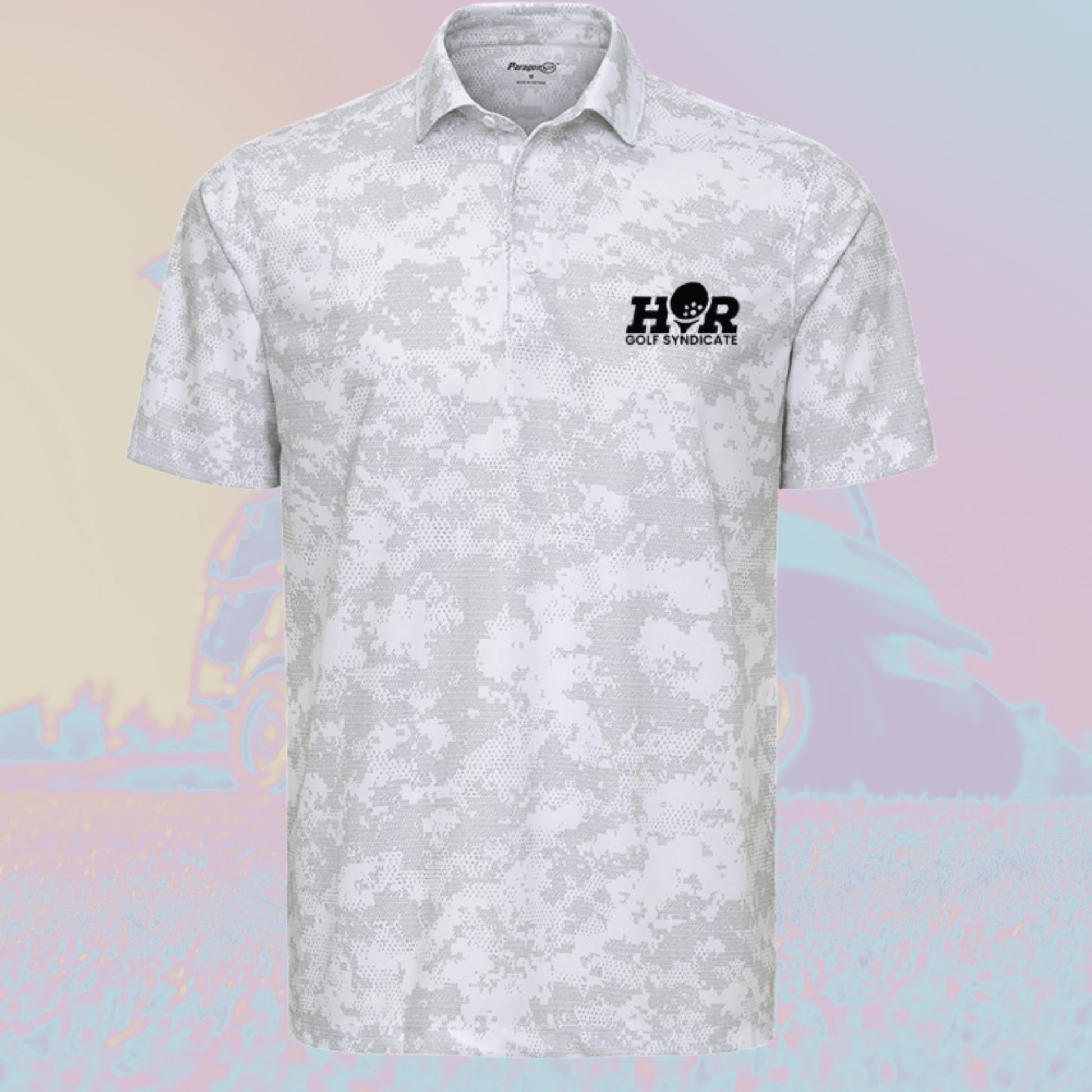White patterned polo shirt with a logo on a colorful background