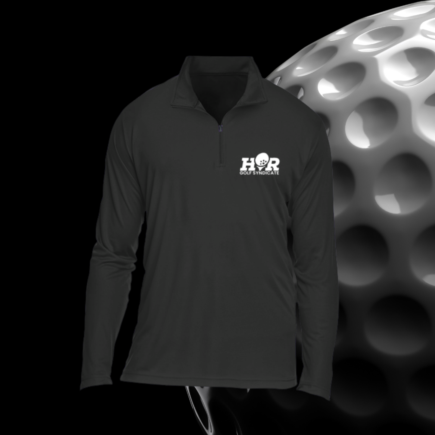Black long-sleeve shirt with a logo on a black background with a golf ball in the corner.
