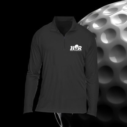 Black long-sleeve shirt with a logo on a black background with a golf ball in the corner.