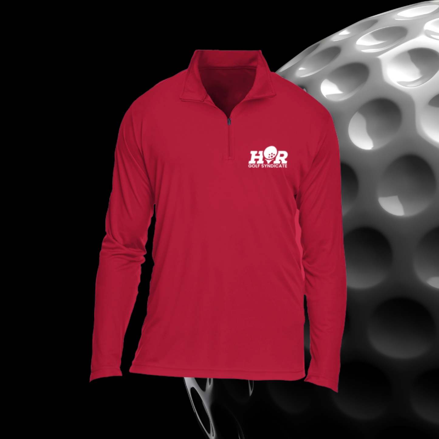 Red long-sleeve shirt with a logo on a black background