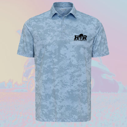 Light blue patterned polo shirt with a logo on a colorful abstract background