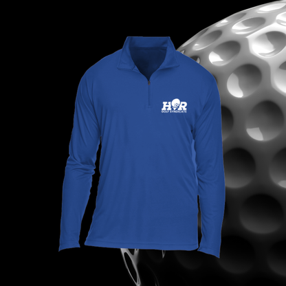 Blue long-sleeve shirt with a logo on a black background
