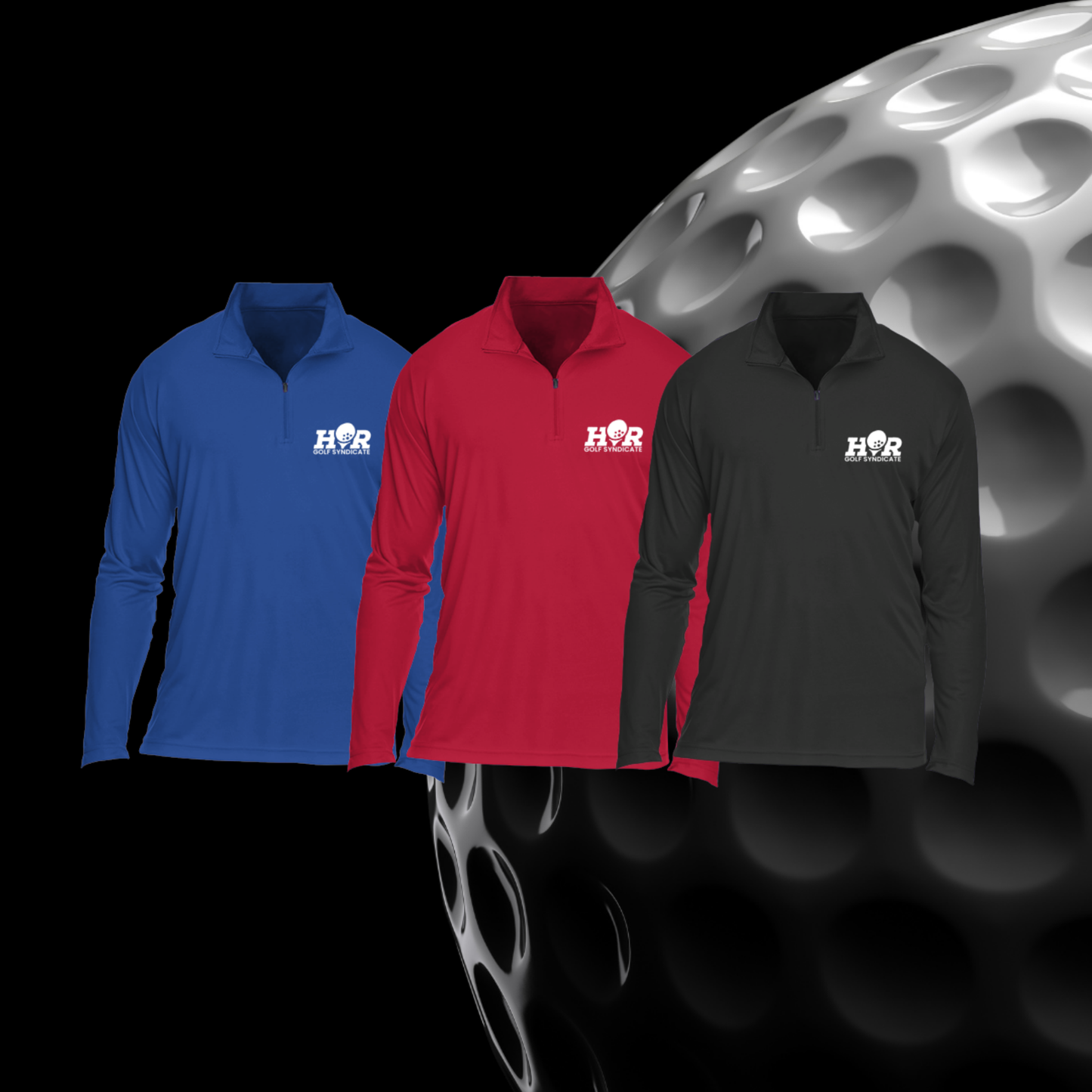 Three long-sleeve shirts in blue, red, and black with a logo on a golf ball background.