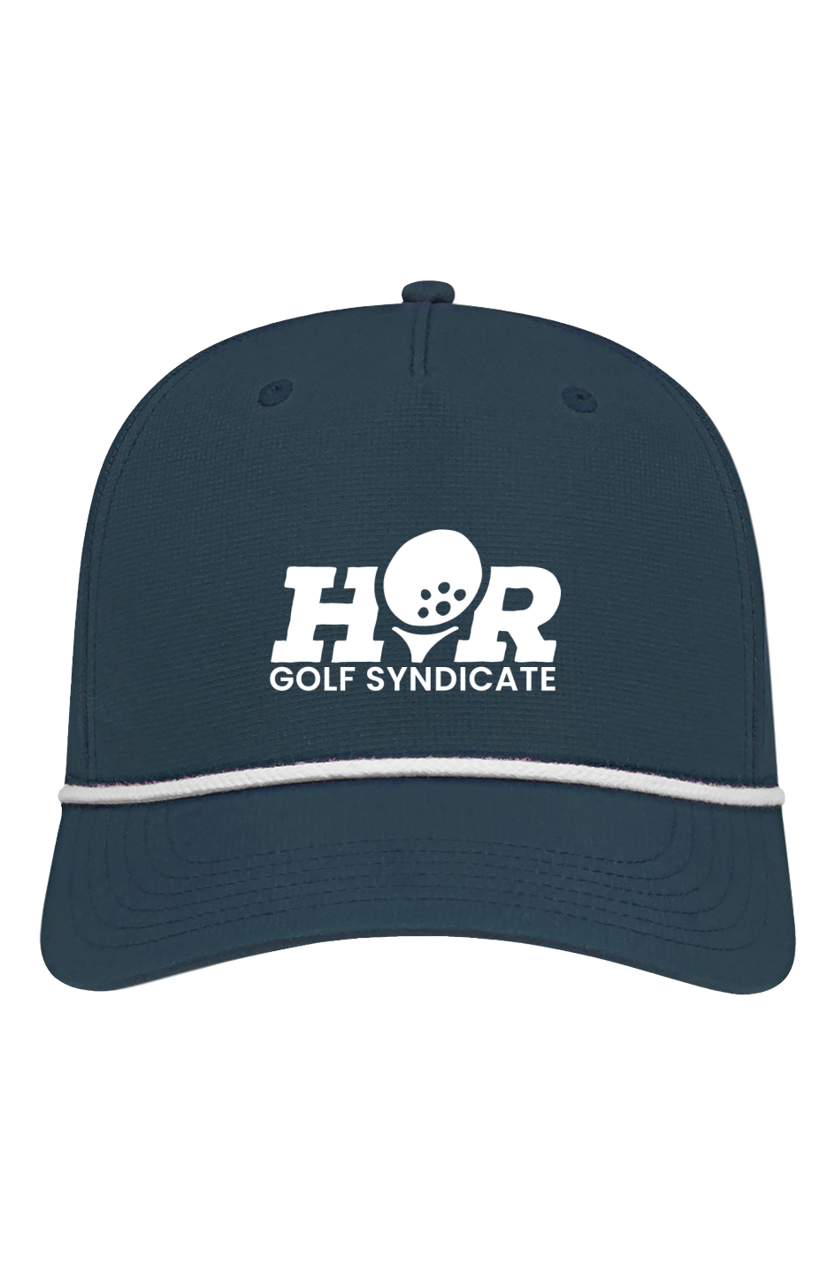 Navy cap with white logo and text on a white background