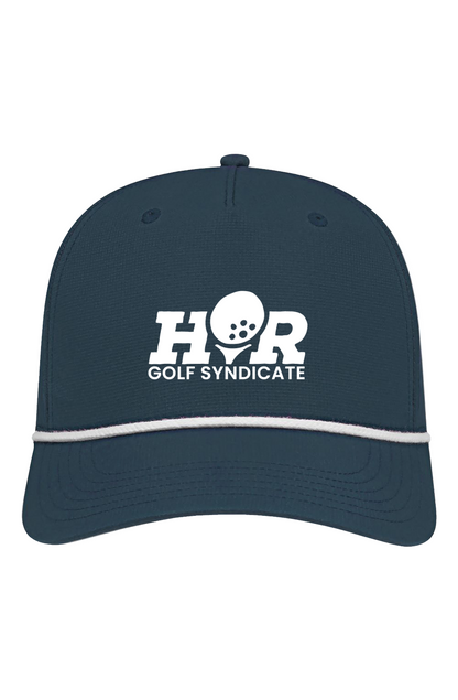 Navy cap with white logo and text on a white background
