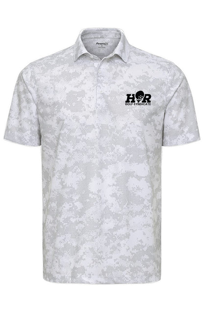 White patterned polo shirt with a logo on a white background