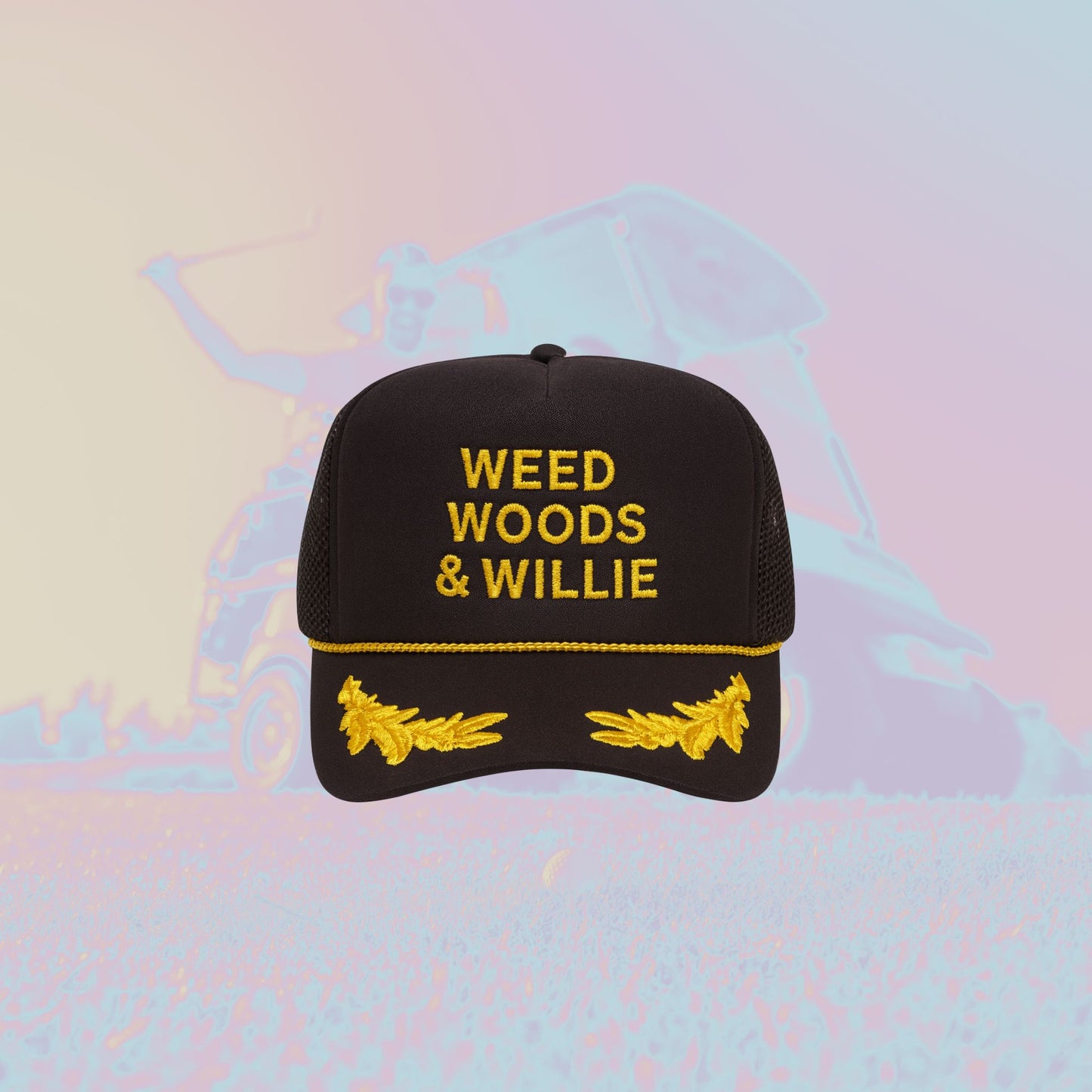 Black cap with 'WEED WOODS & WILLIE' text on a colorful abstract background
