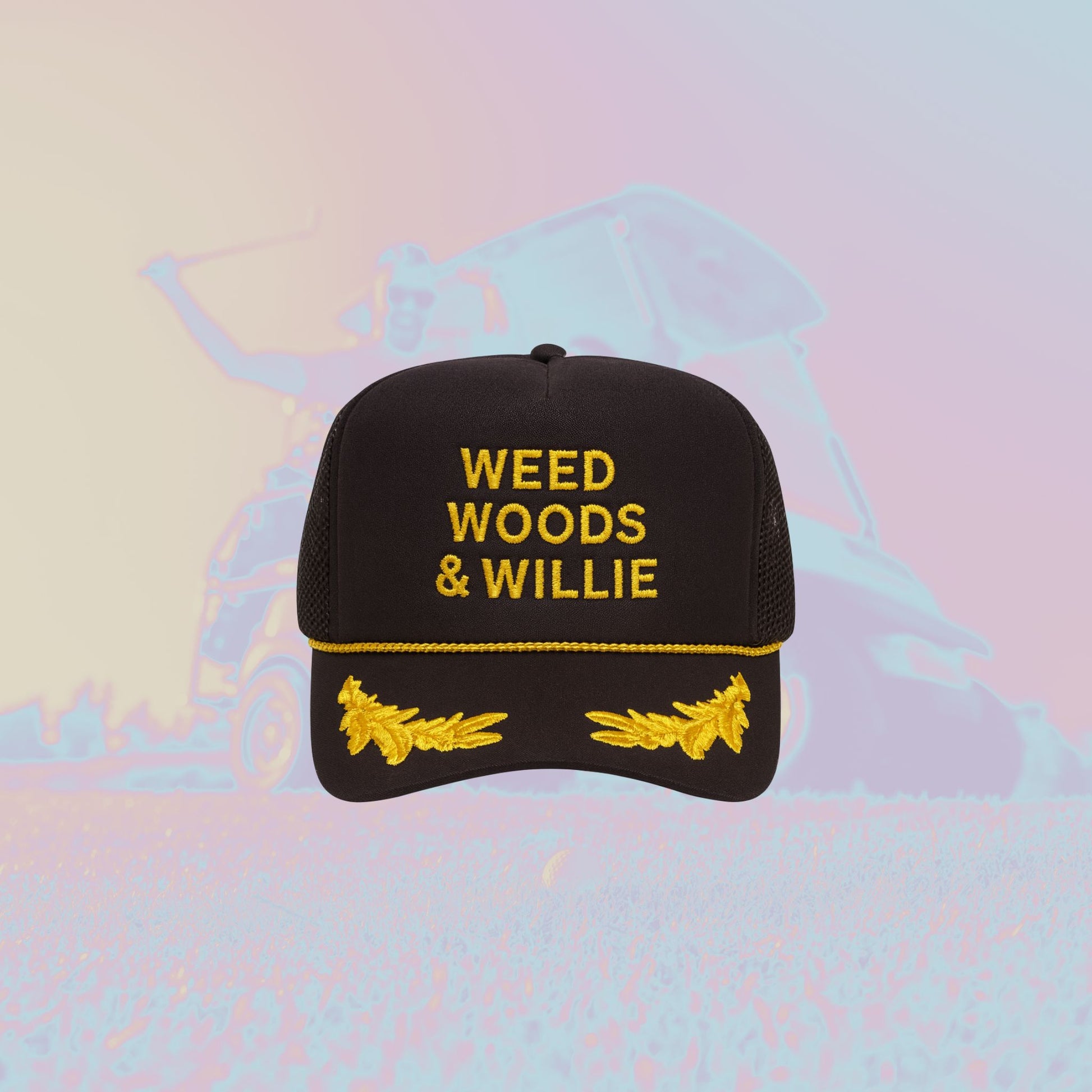 Black cap with 'WEED WOODS & WILLIE' text on a colorful abstract background