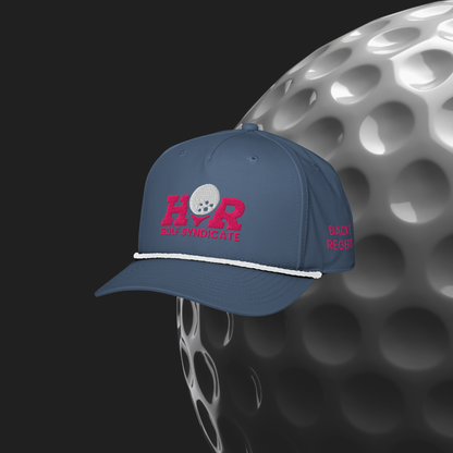 Blue cap with red and white logo on a golf ball background