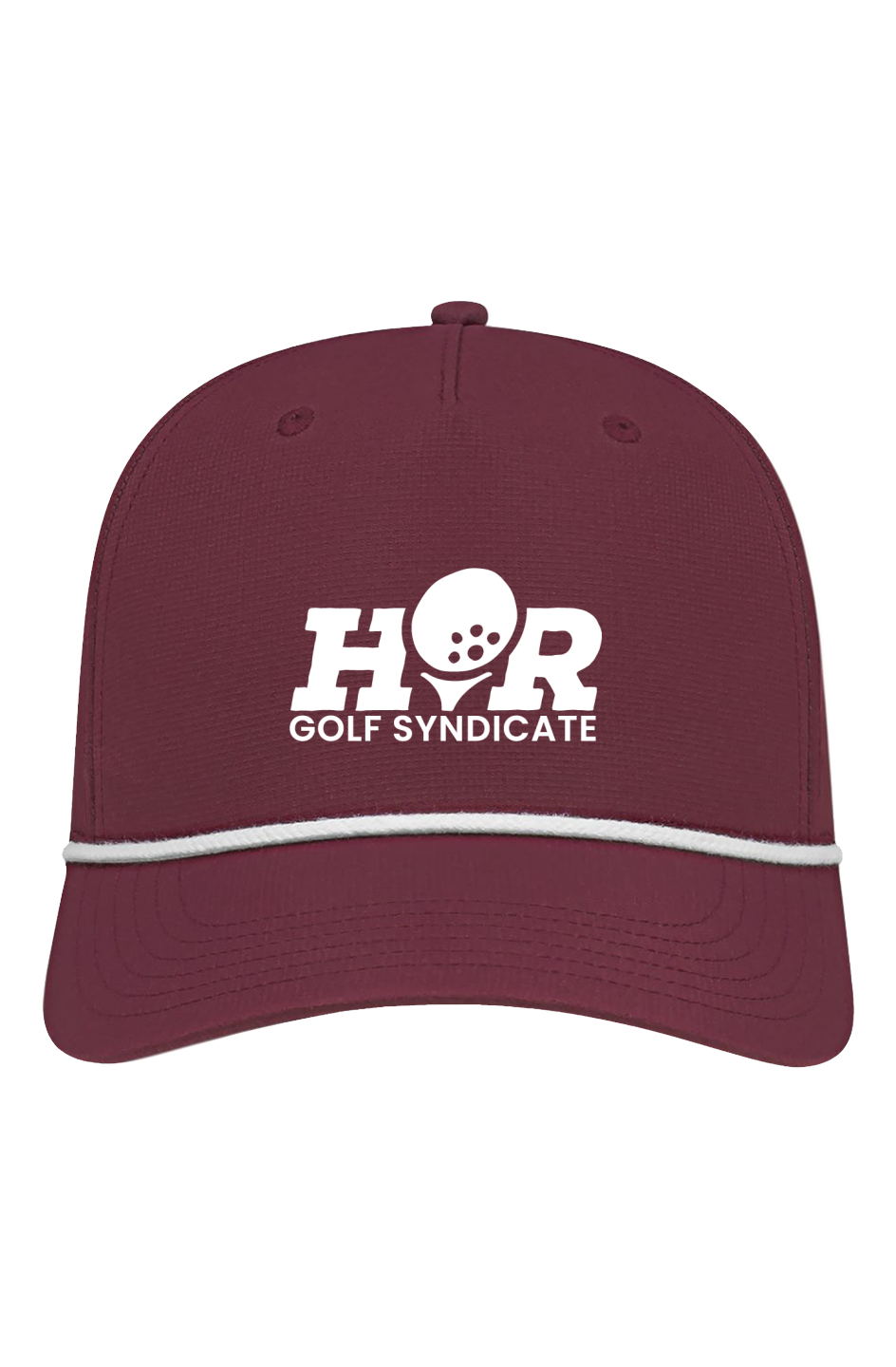 Maroon cap with white logo and text on a white background