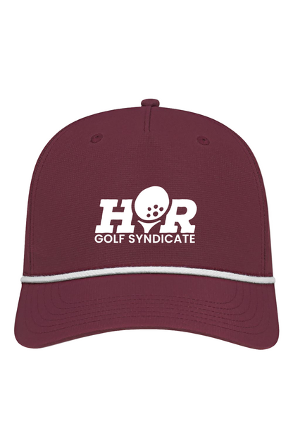 Maroon cap with white logo and text on a white background
