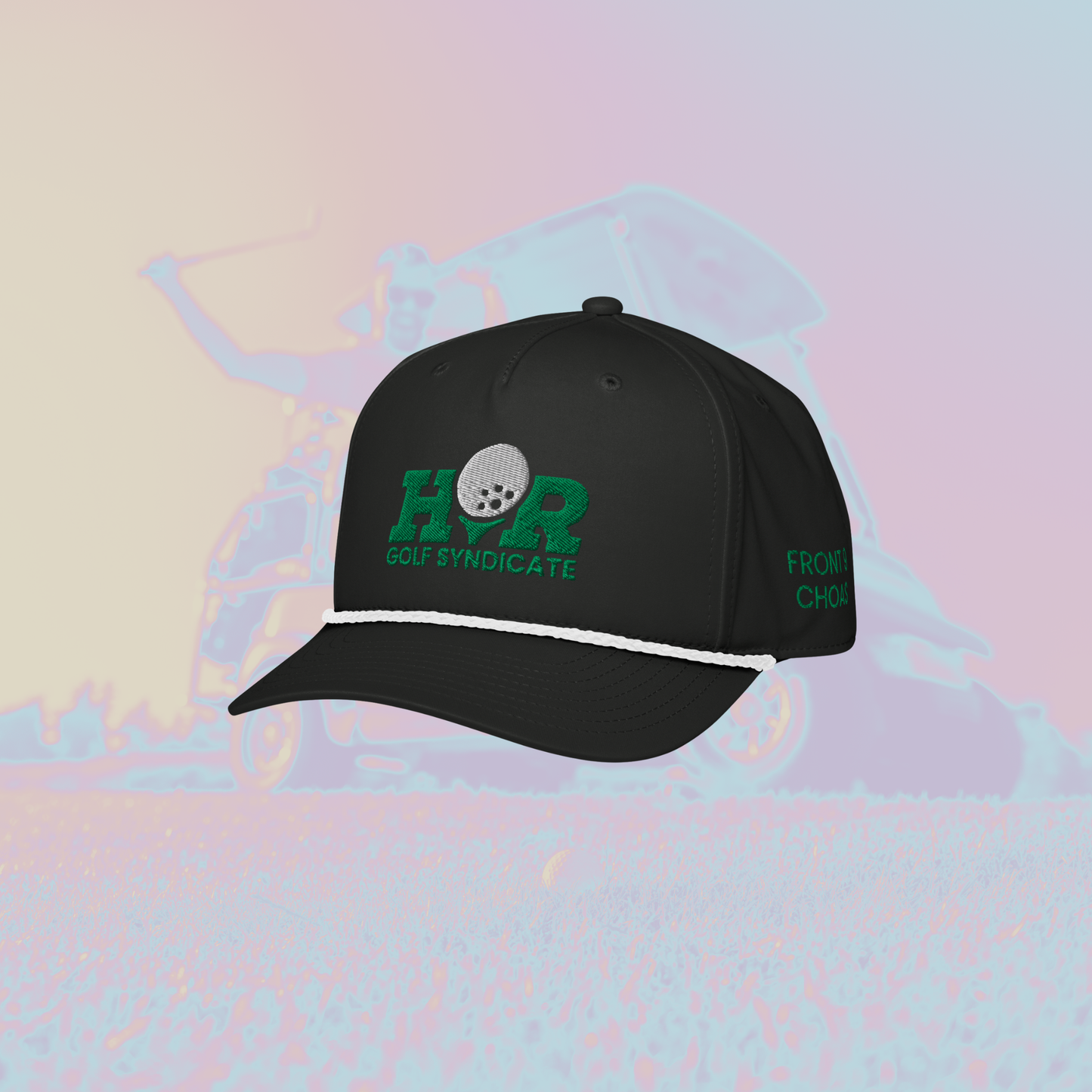 Black cap with green text and logo on a colorful abstract background