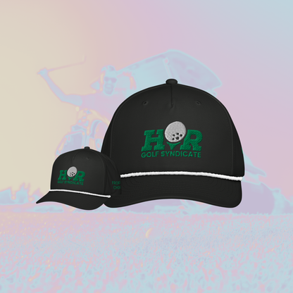 Two black caps with green text and a golf ball graphic on a colorful abstract background