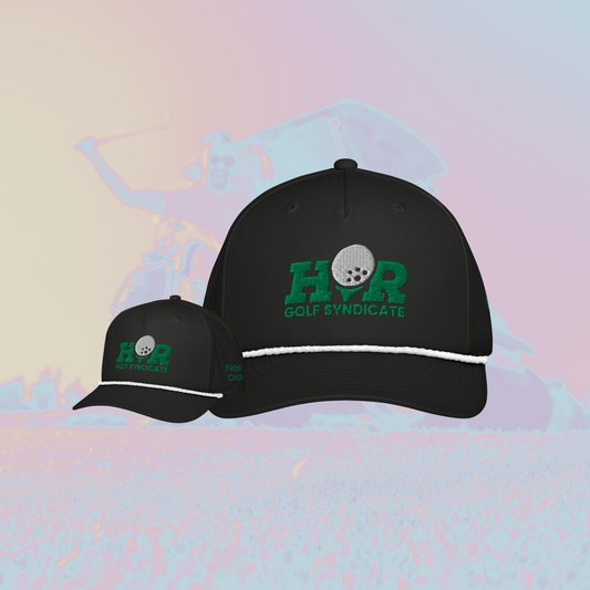 Two black caps with green text and a golf ball graphic on a colorful abstract background