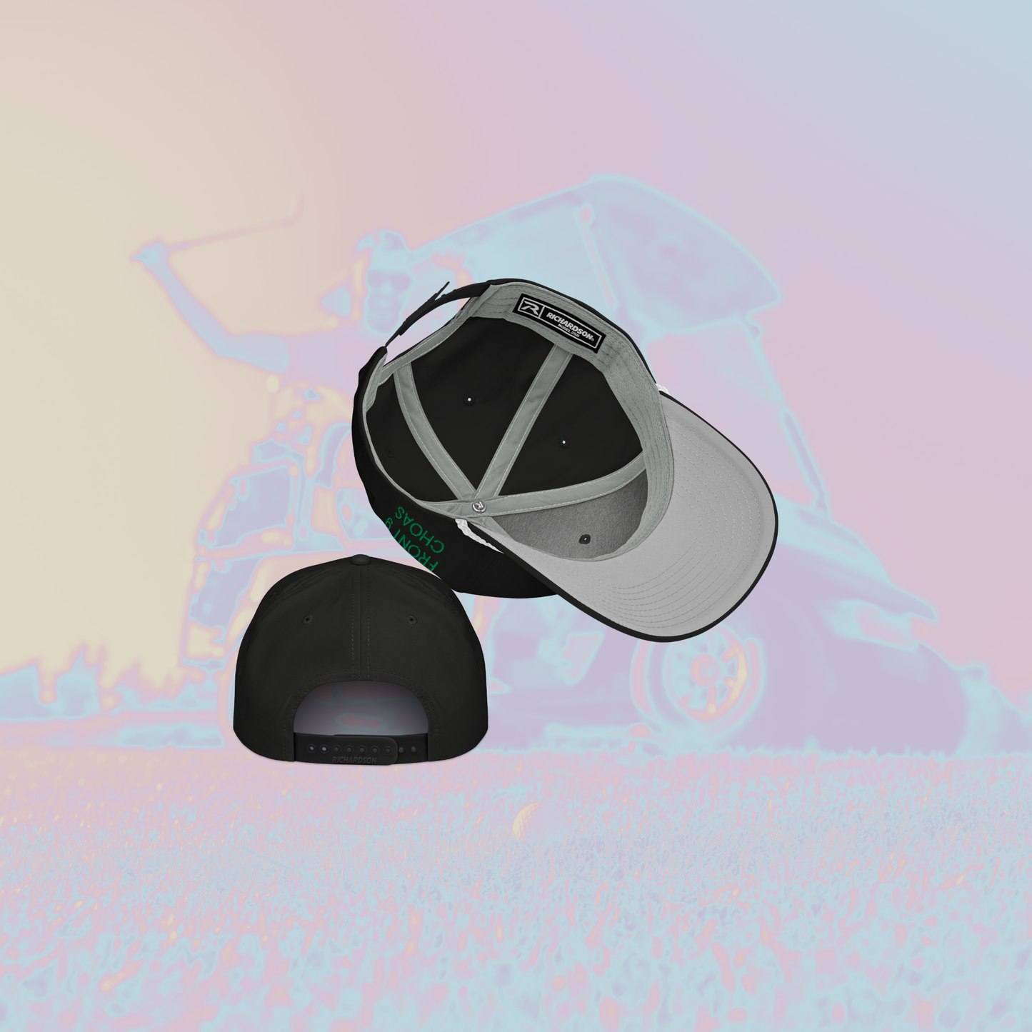 Two cap views, one back view in black and one gray inside the hat view with a logo on left side of hat, on a colorful abstract background.