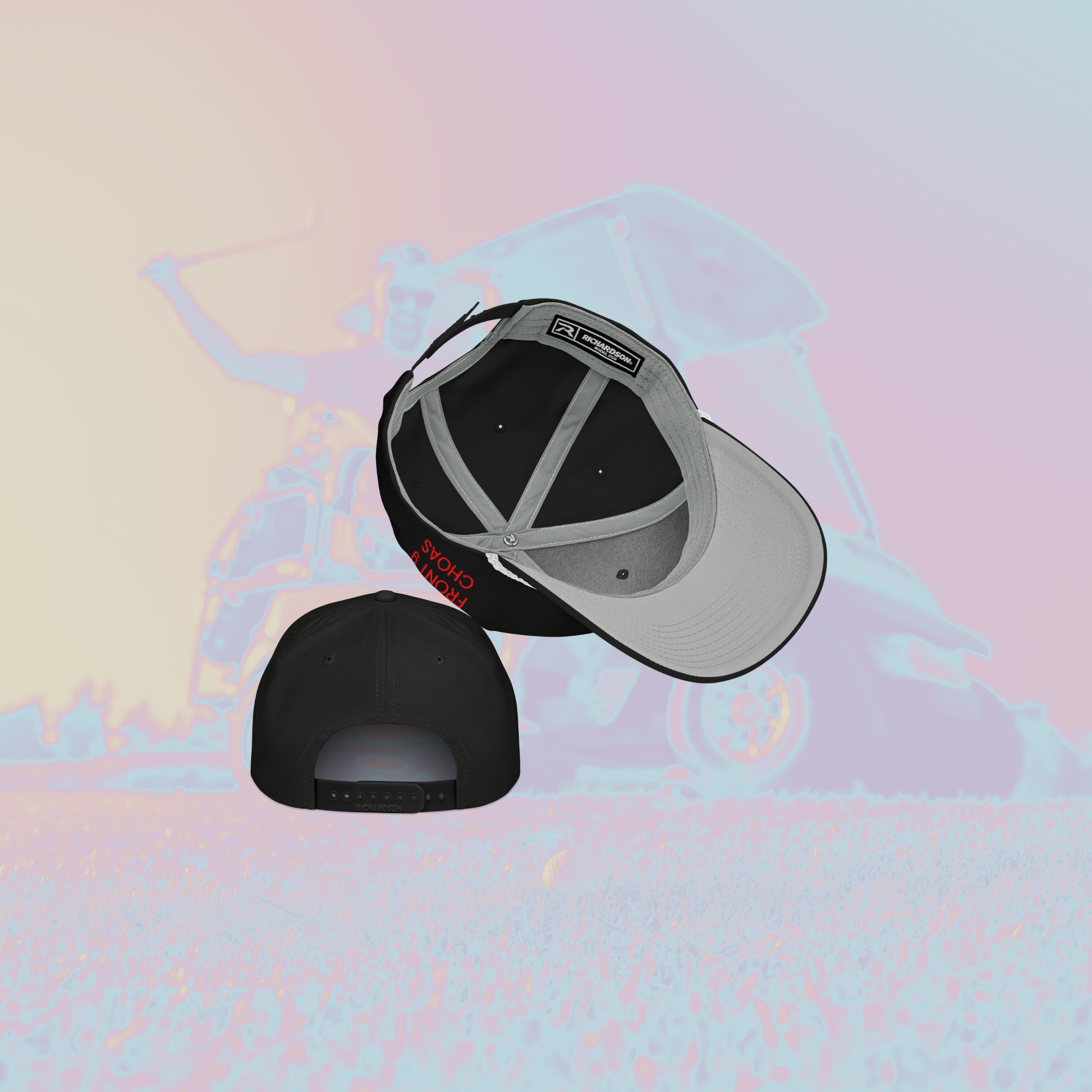 Two caps view , one black back view and one gray inside hat view, on a colorful abstract background