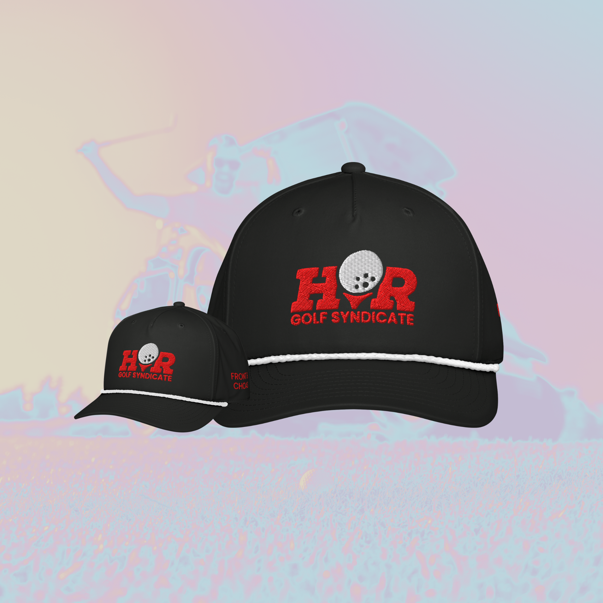 Black caps with 'H&R Golf Syndicate' logo on a colorful abstract background