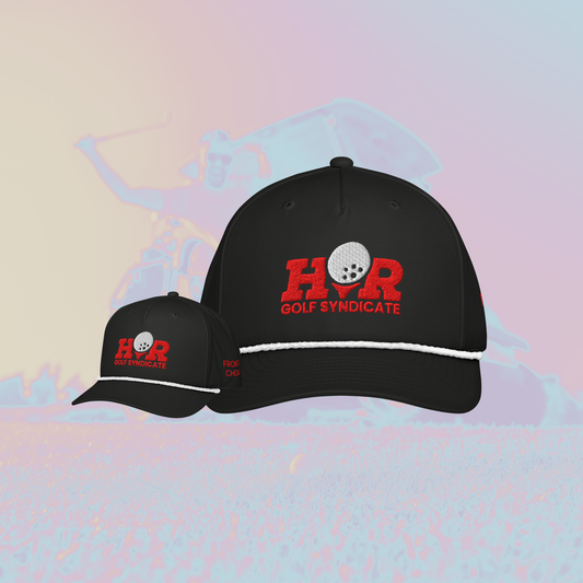 Black caps with 'H&R Golf Syndicate' logo on a colorful abstract background