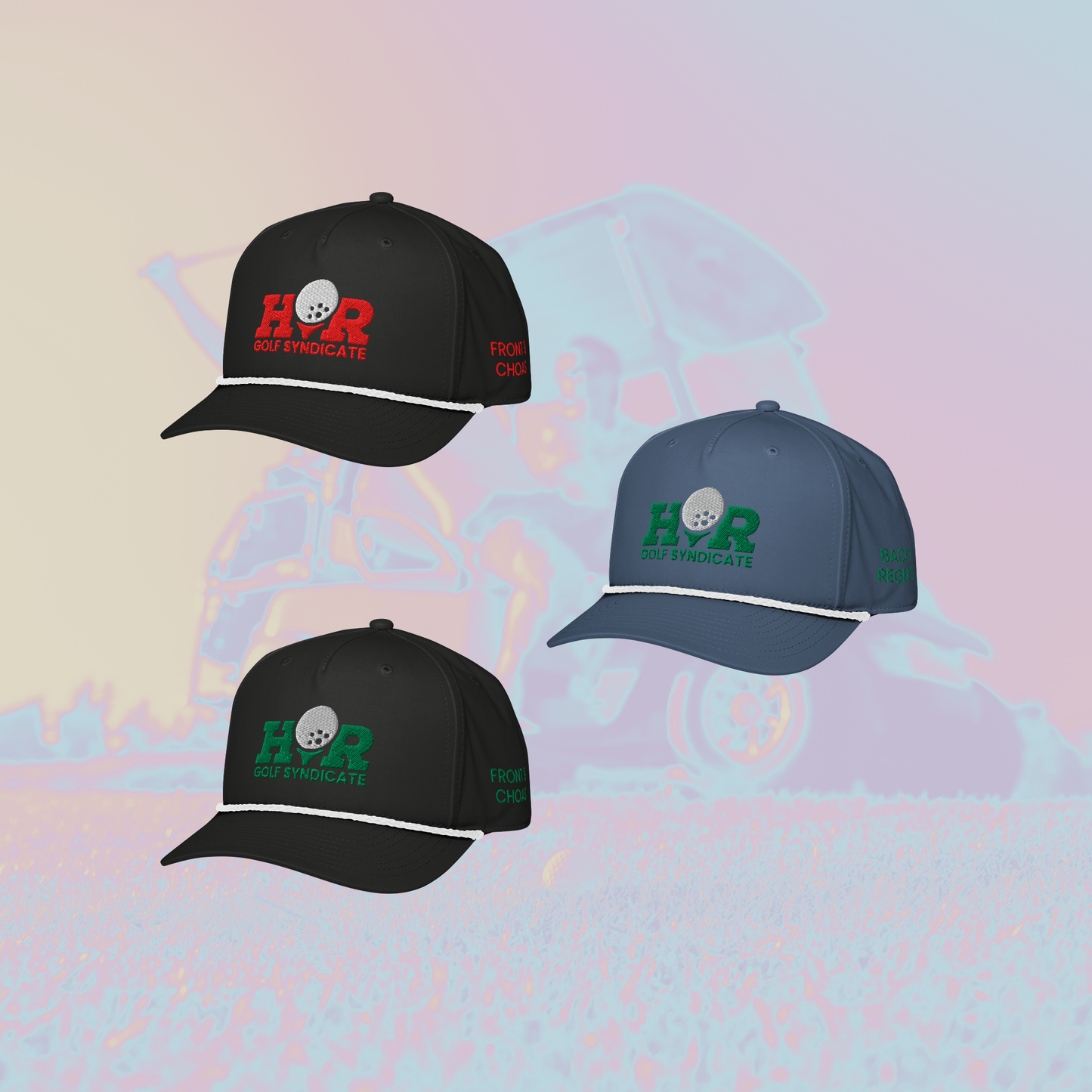 Three caps with Golf Syndicate logos on a colorful abstract background
