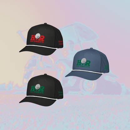 Three caps with Golf Syndicate logos on a colorful abstract background
